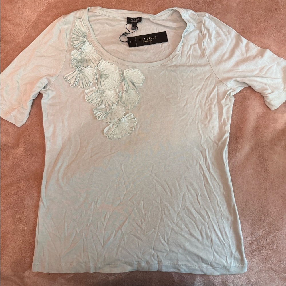 Talbots Cream Embellished Short Sleeve Blouse